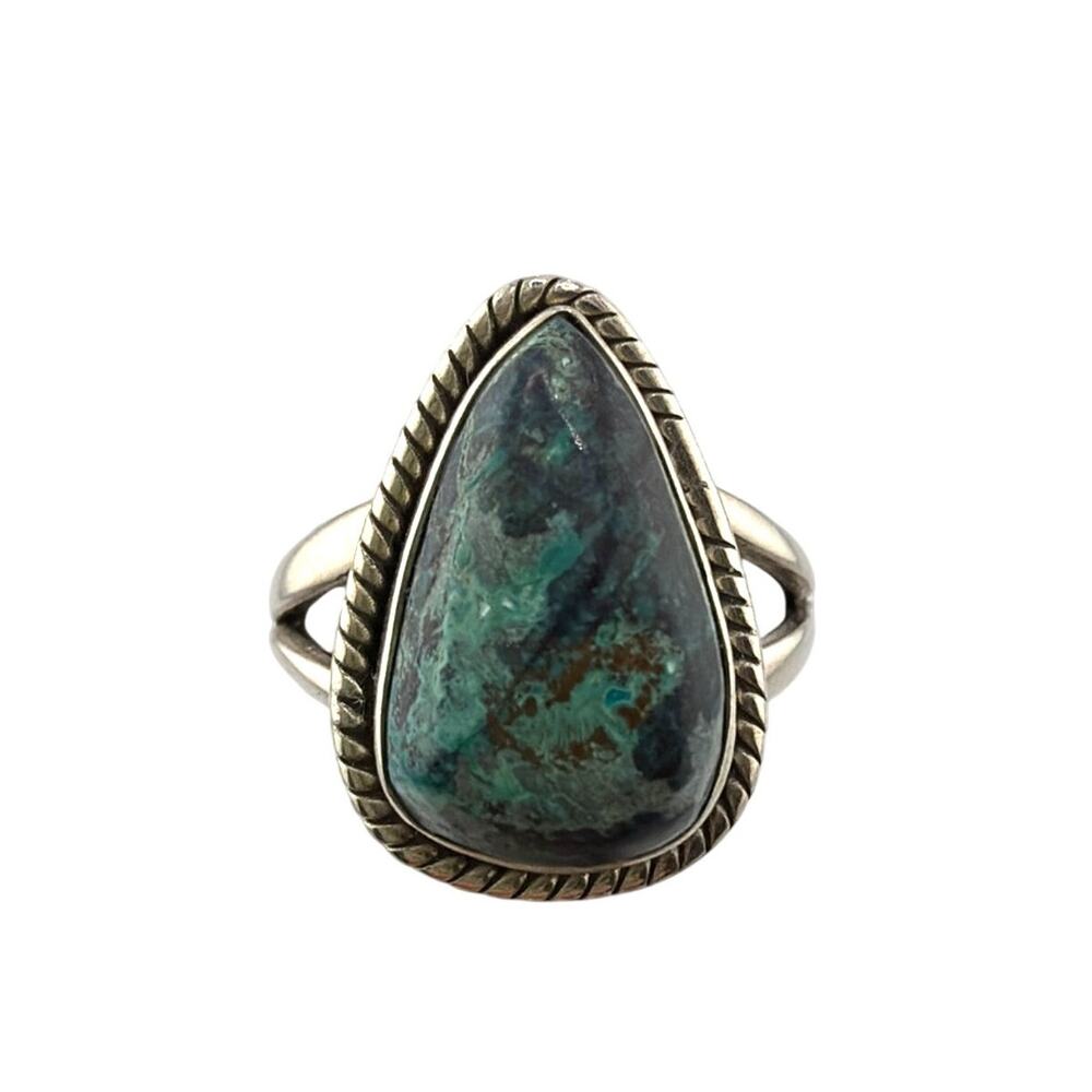 Pear Shaped Azurite Chrysocolla Sterling Silver Ring Braided Artisan Jewelry 9.5
